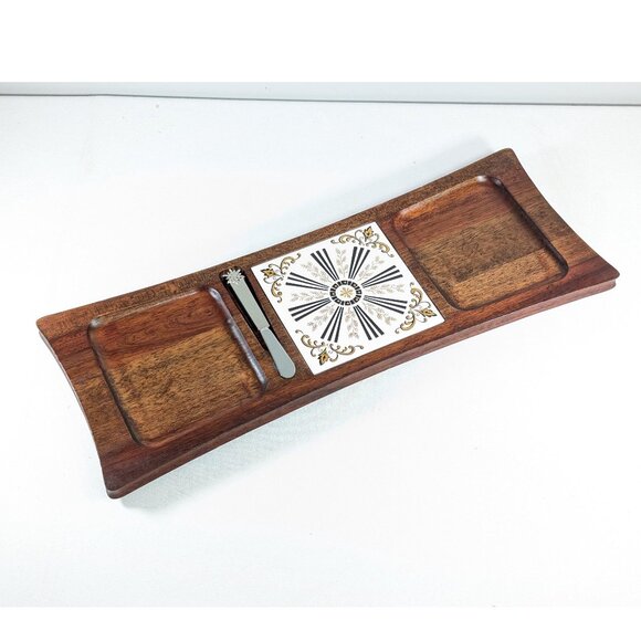 Other - Vintage charcuterie board with inset tile, wooden cheese tray, decorative wooden
